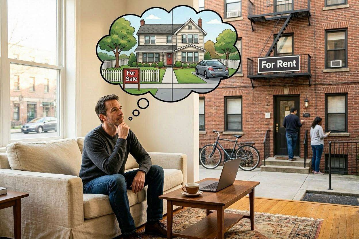 Ilustração comparando alugar ou financiar um imóvel